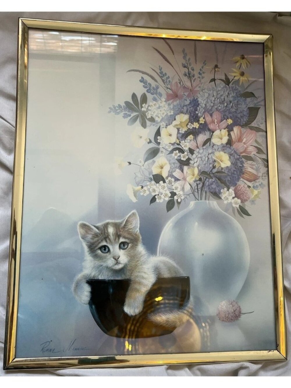 Vintage Framed Kitten Print Hydrangea Cat Floral Cottagecore Wall Decor
